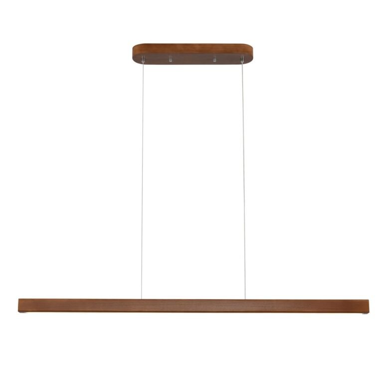 Wooden rectangular pendant light fixture hanging from wires
