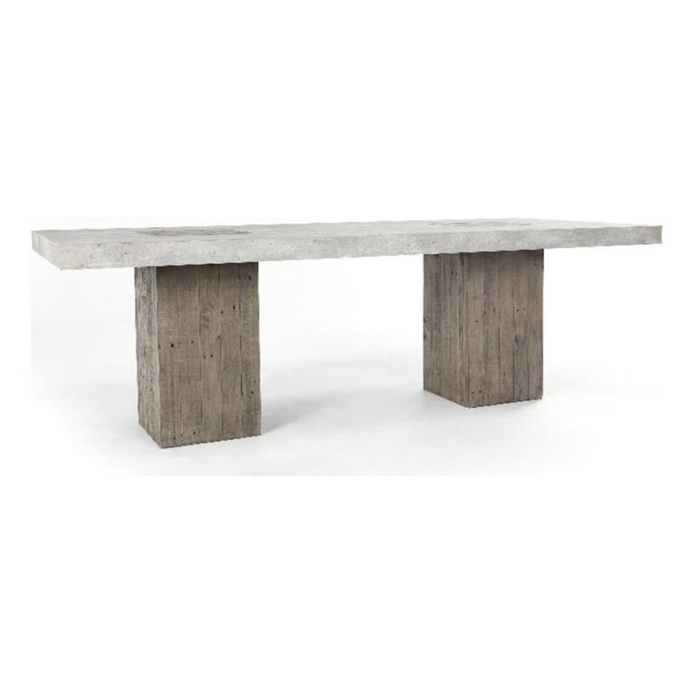 Concrete table with two rectangular wooden legs on a white background