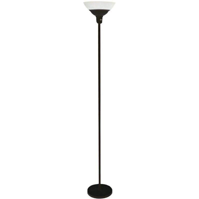 Black floor lamp with a white bowl-shaped shade on a white background