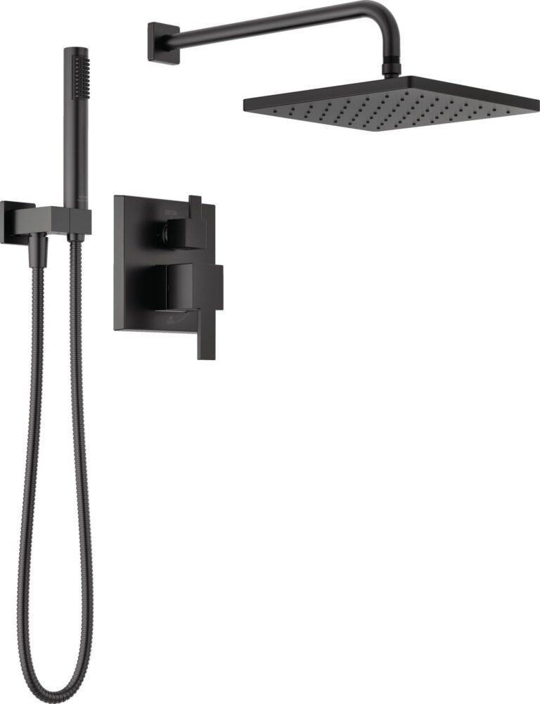 Black shower head, handheld shower, and control panel against white background