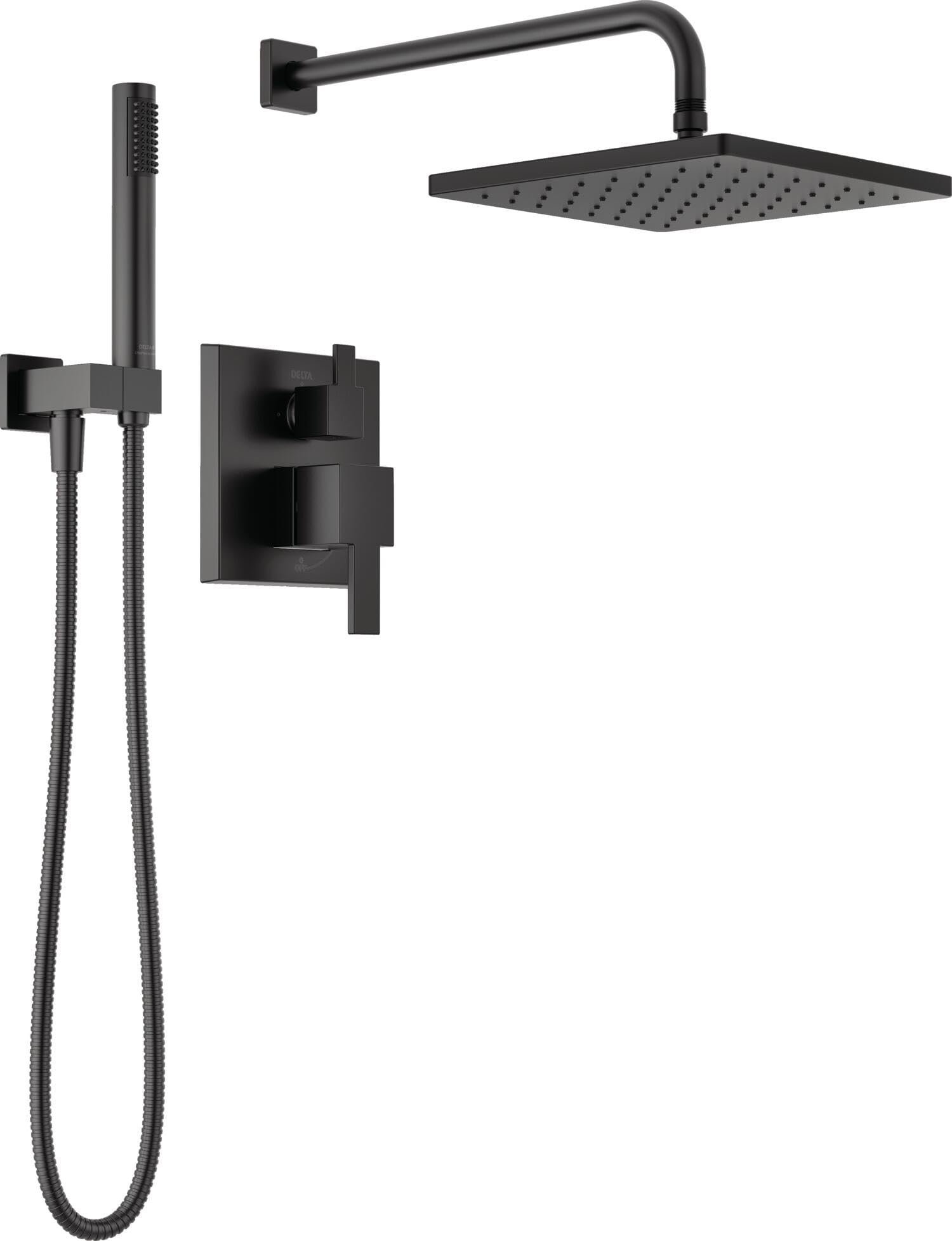 Black shower head, handheld shower, and control panel against white background