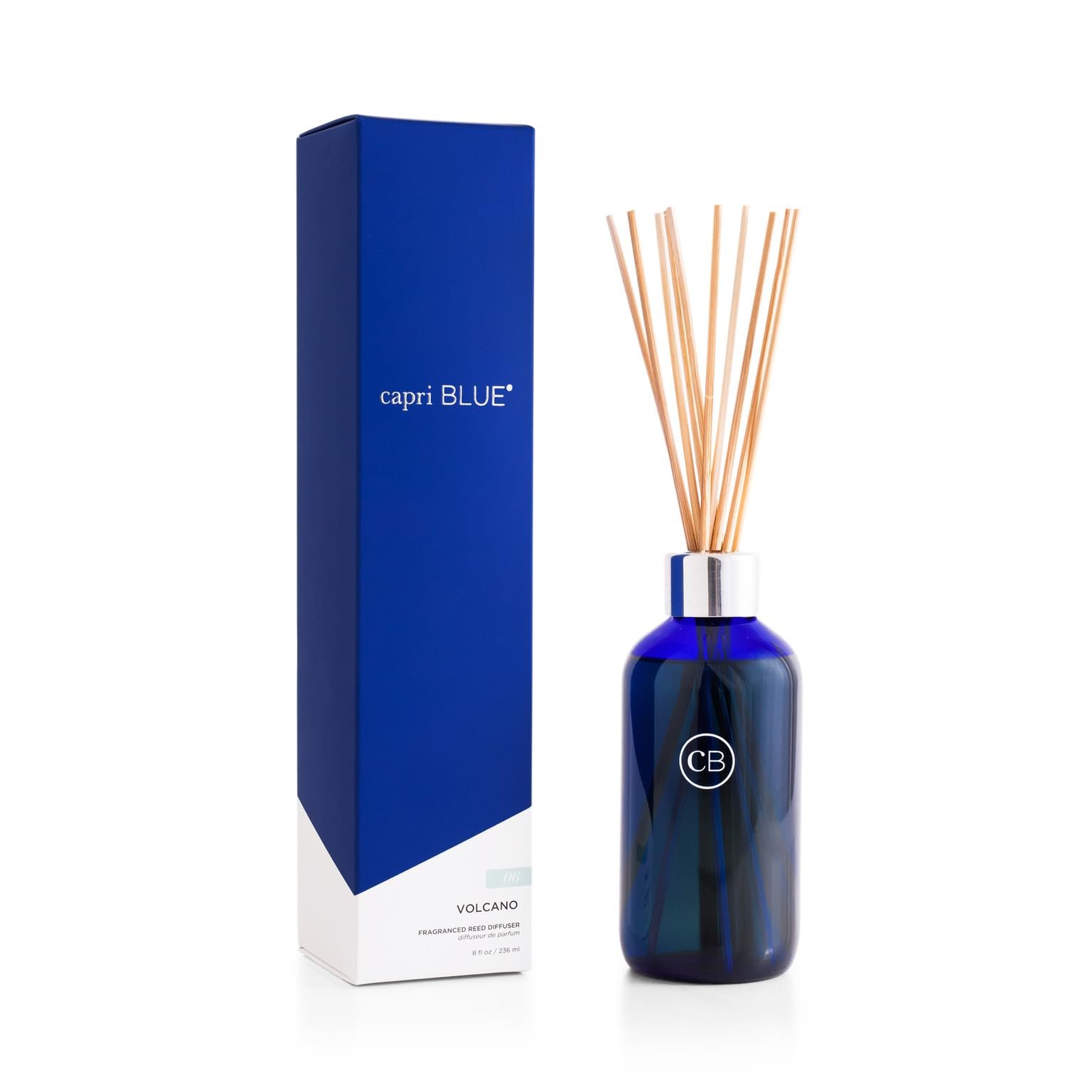 Capri Blue Volcano reed diffuser with blue bottle and box