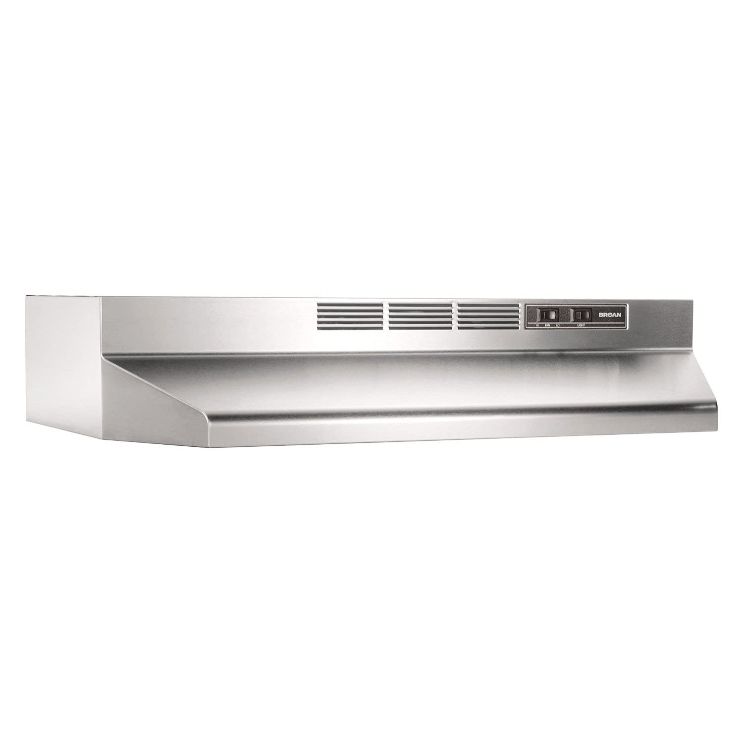 Stainless steel Broan range hood with controls and vents
