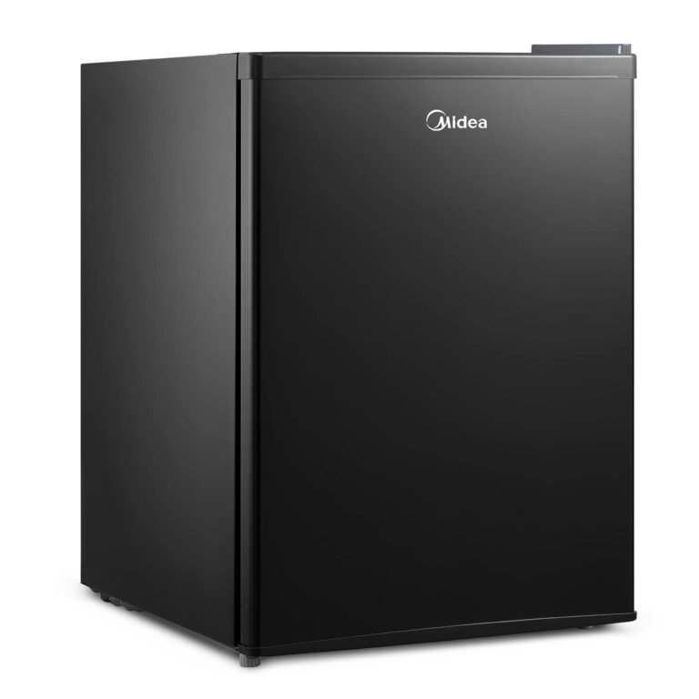 Black Midea mini-fridge with a single door, white logo, and handle