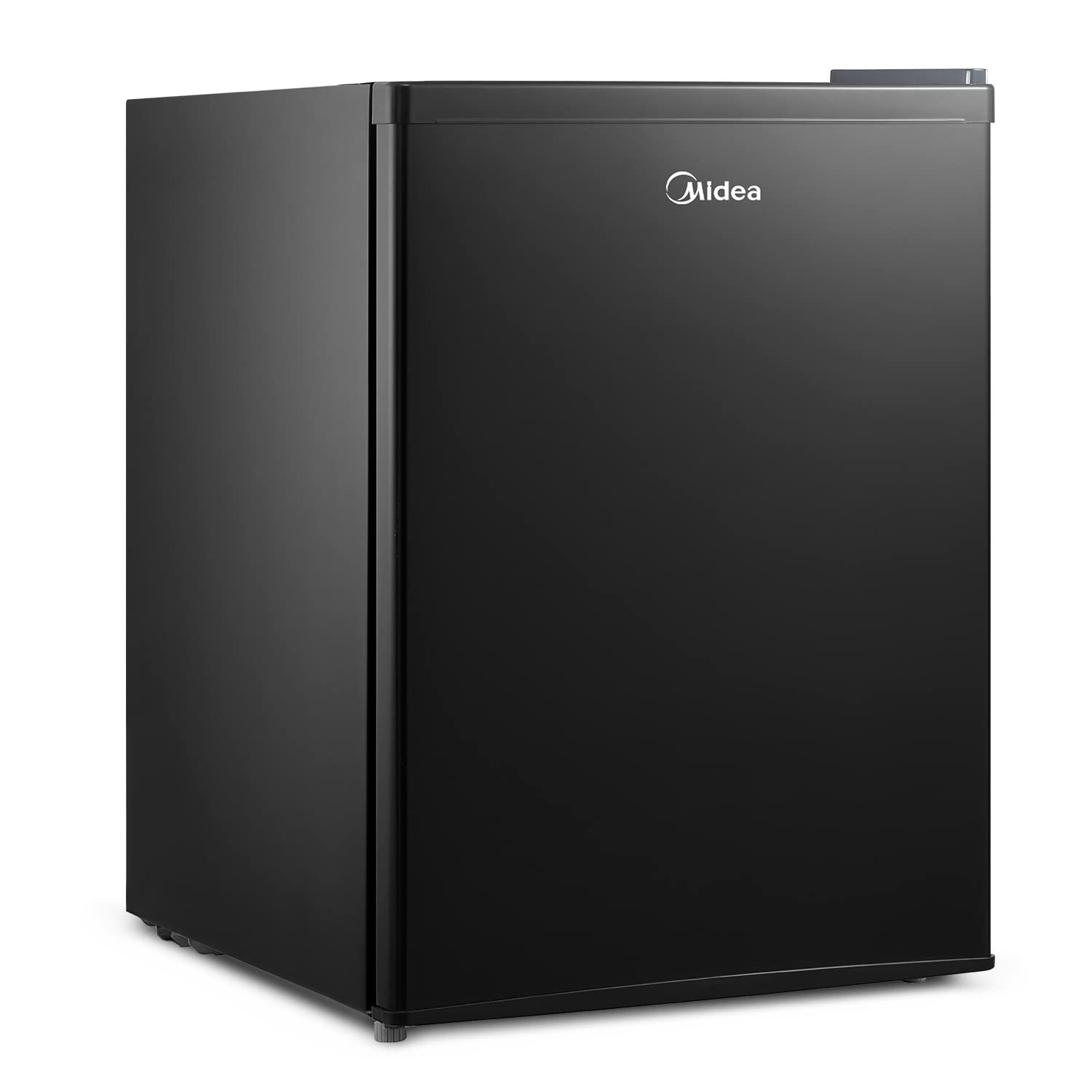 Black Midea mini-fridge with a single door, white logo, and handle
