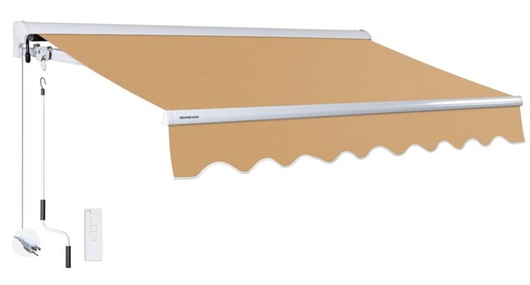Tan retractable awning with remote control and manual crank
