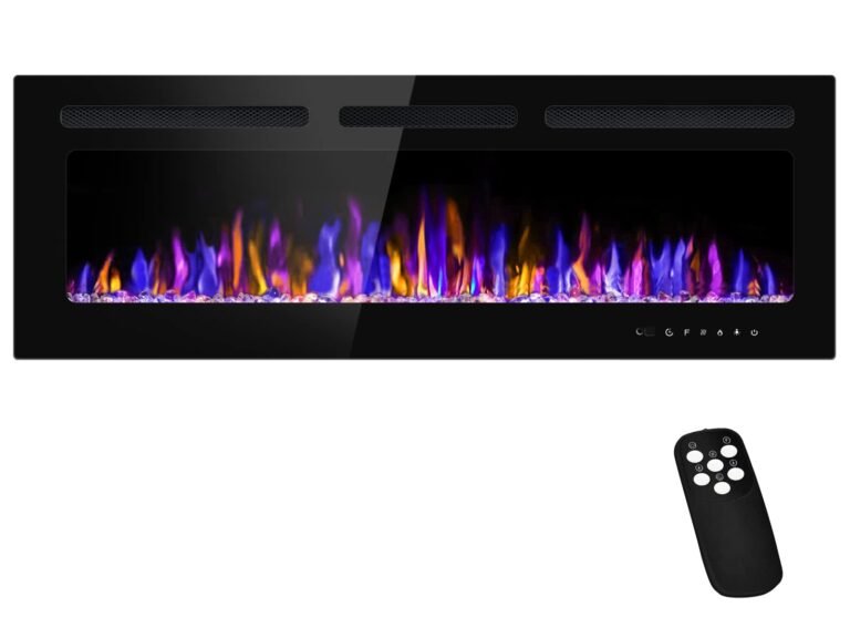 Black electric fireplace with colorful flames and remote control