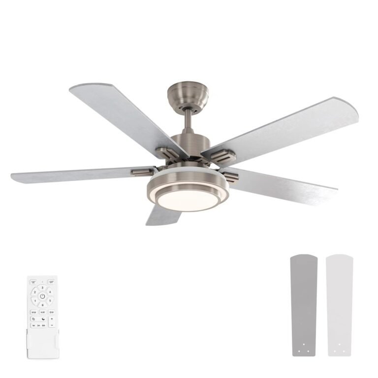 Ceiling fan with light, remote, and extra blades on a white background