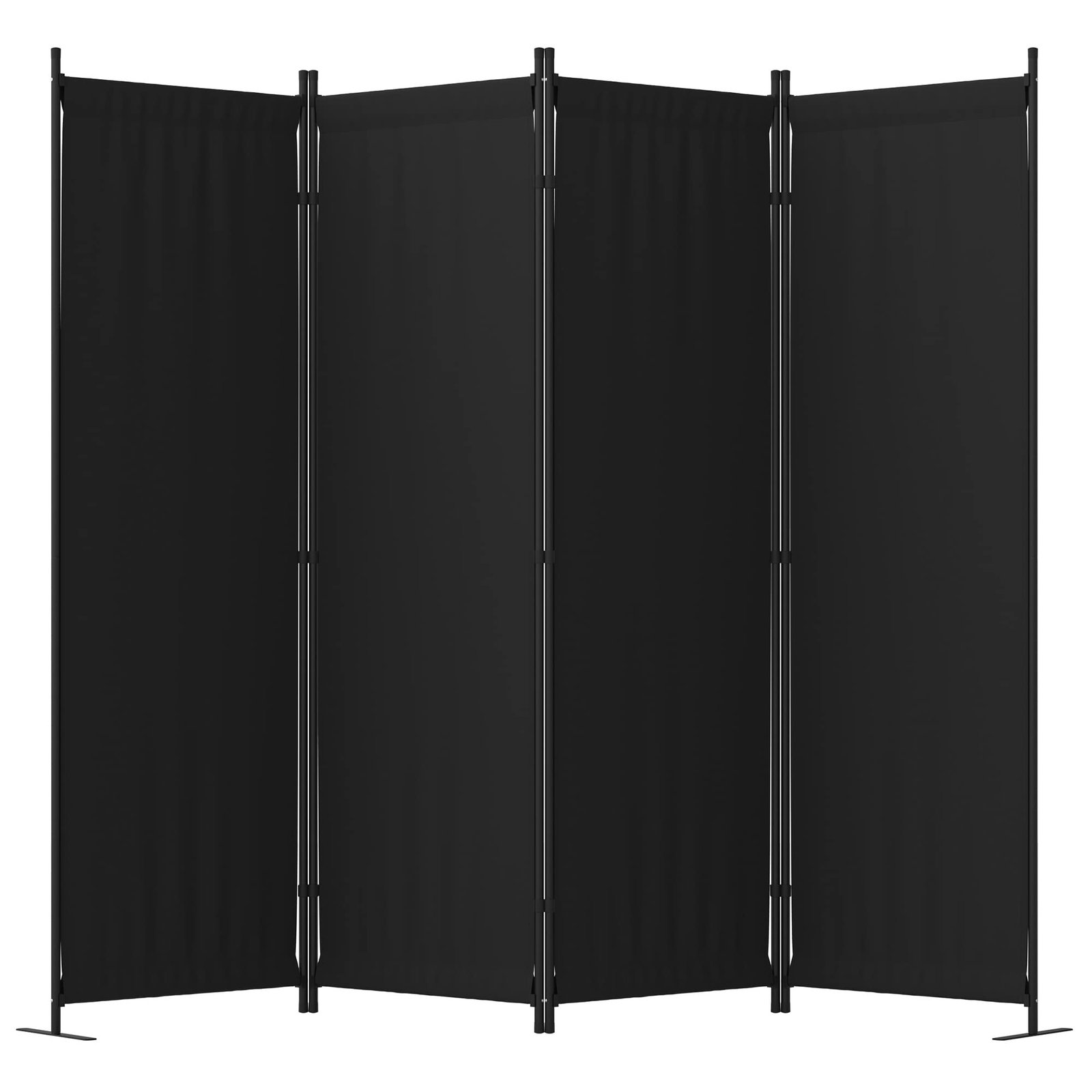 Black folding room divider with metal frame, four panels