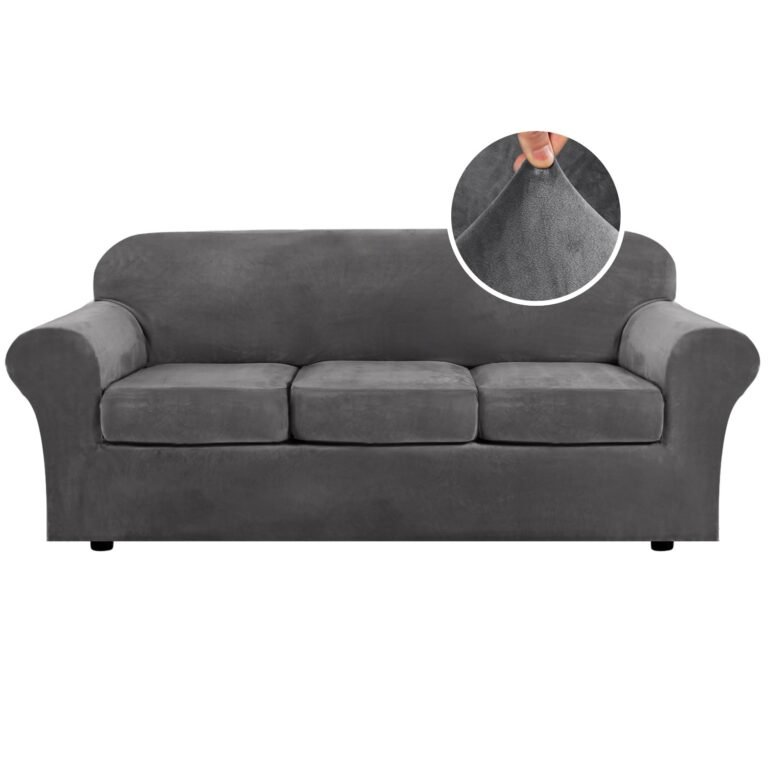 Gray sofa with a close-up of the fabric being pulled up