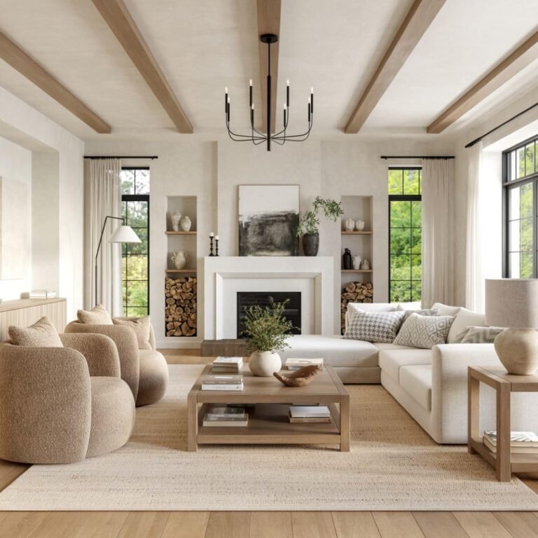 Cozy living room with fireplace, neutral colors, and modern furniture
