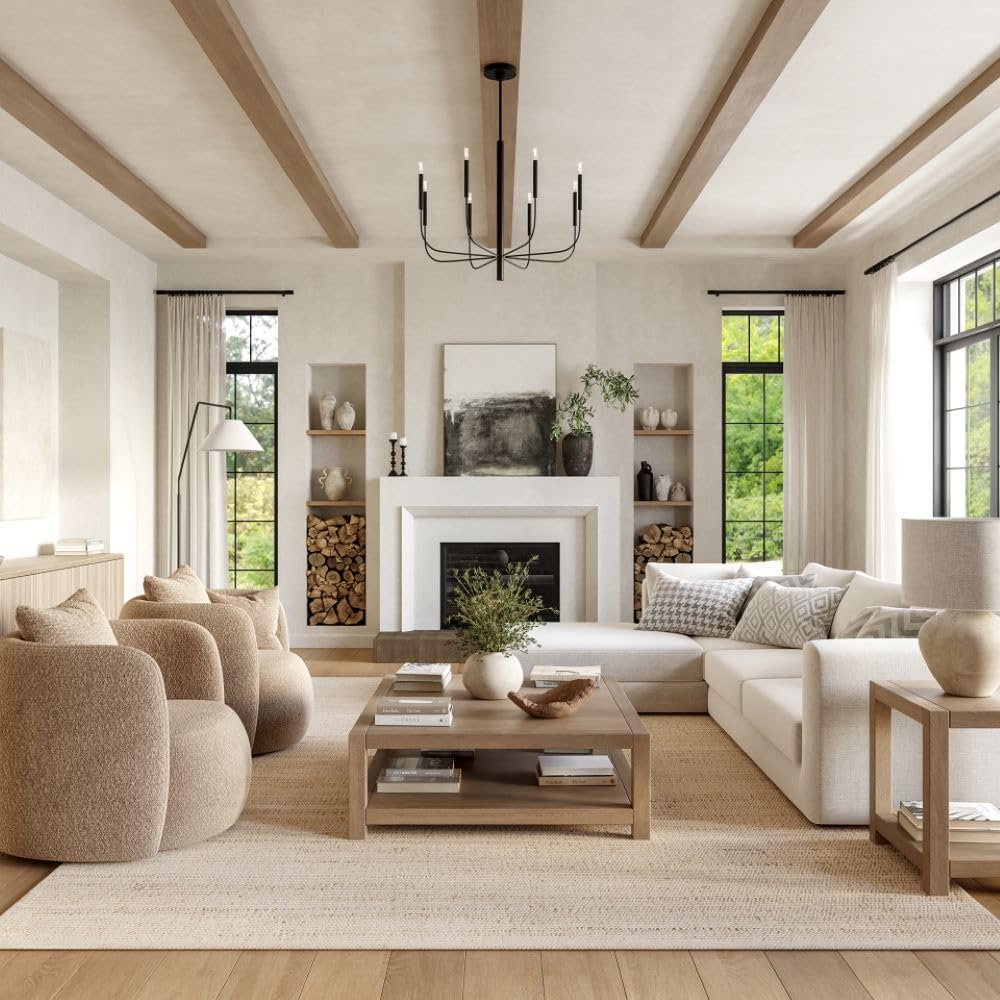 Cozy living room with fireplace, neutral colors, and modern furniture