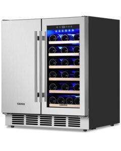 Stainless steel dual-door wine cooler with bottles illuminated by blue light