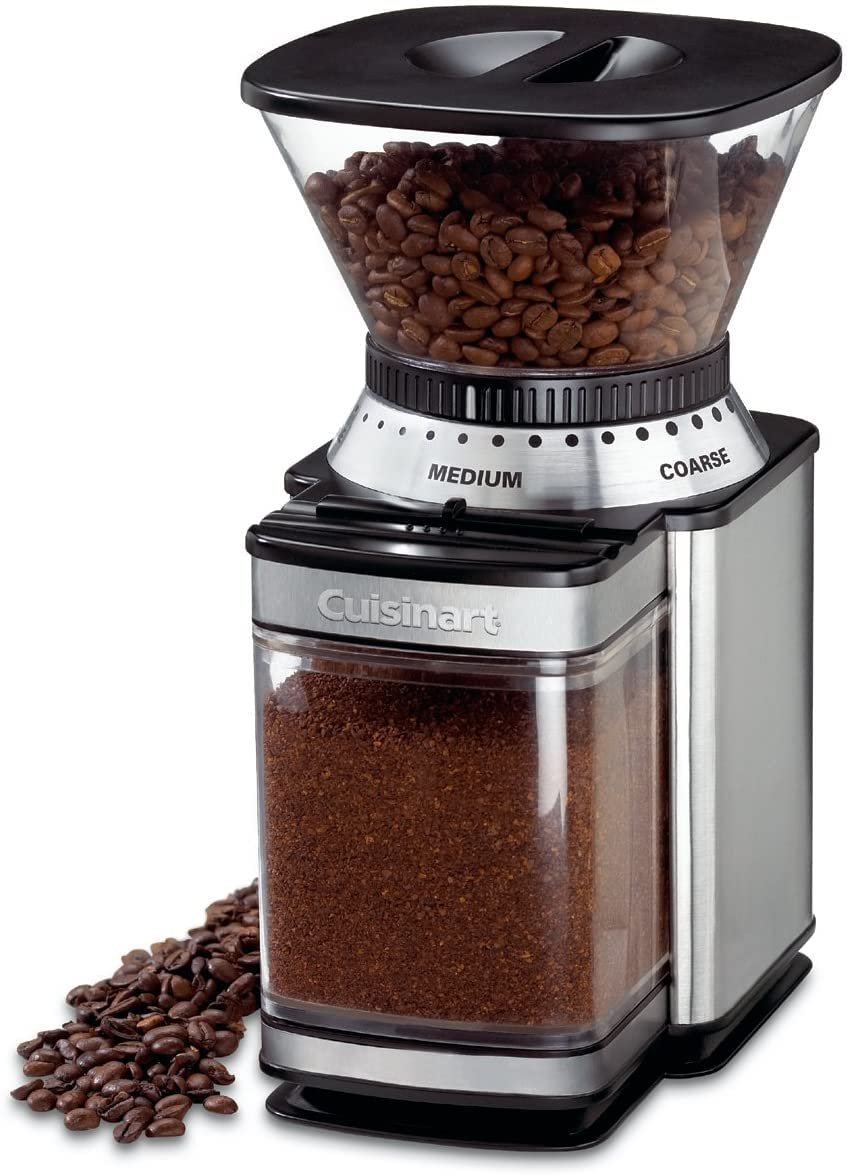 Cuisinart coffee grinder with whole beans, ground coffee, and adjustment settings