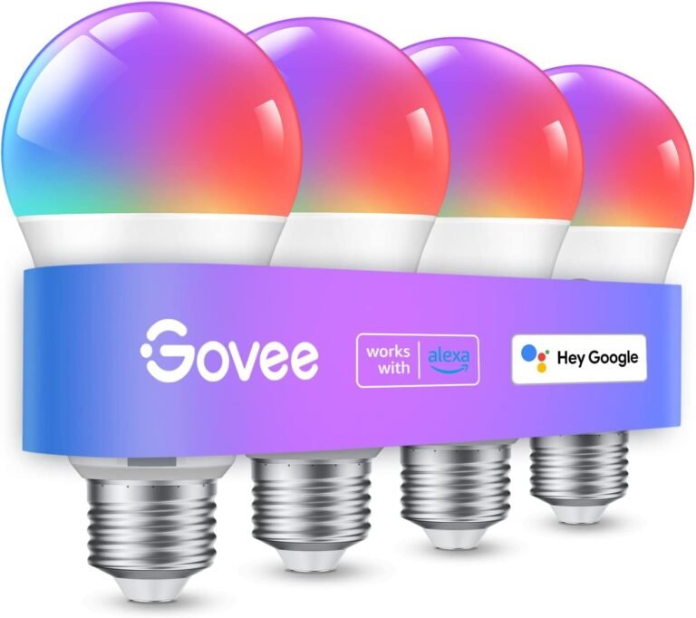 Four Govee smart light bulbs with colorful gradients, Alexa and Google compatible