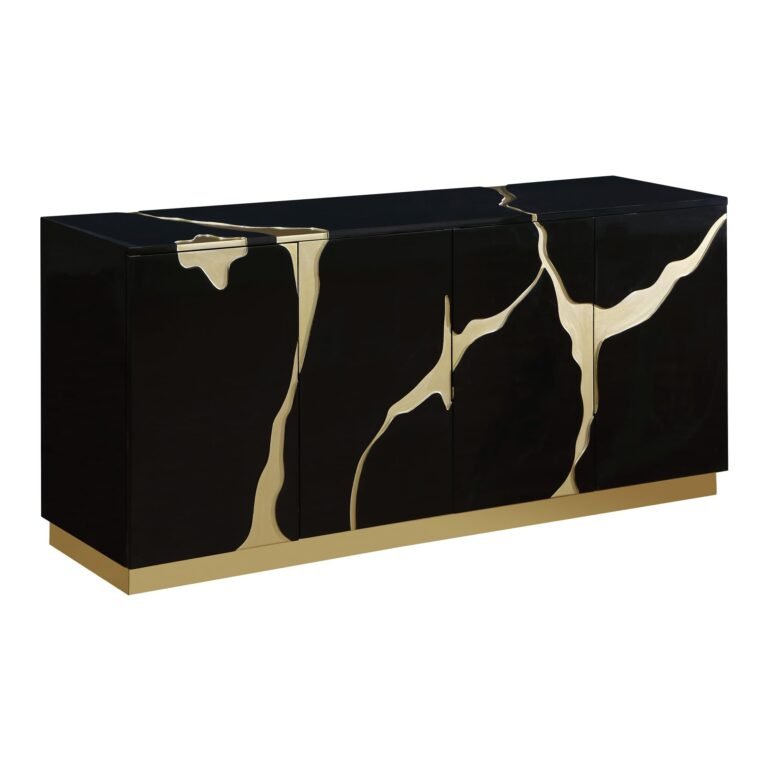 Black cabinet with gold accents in a cracked, flowing design