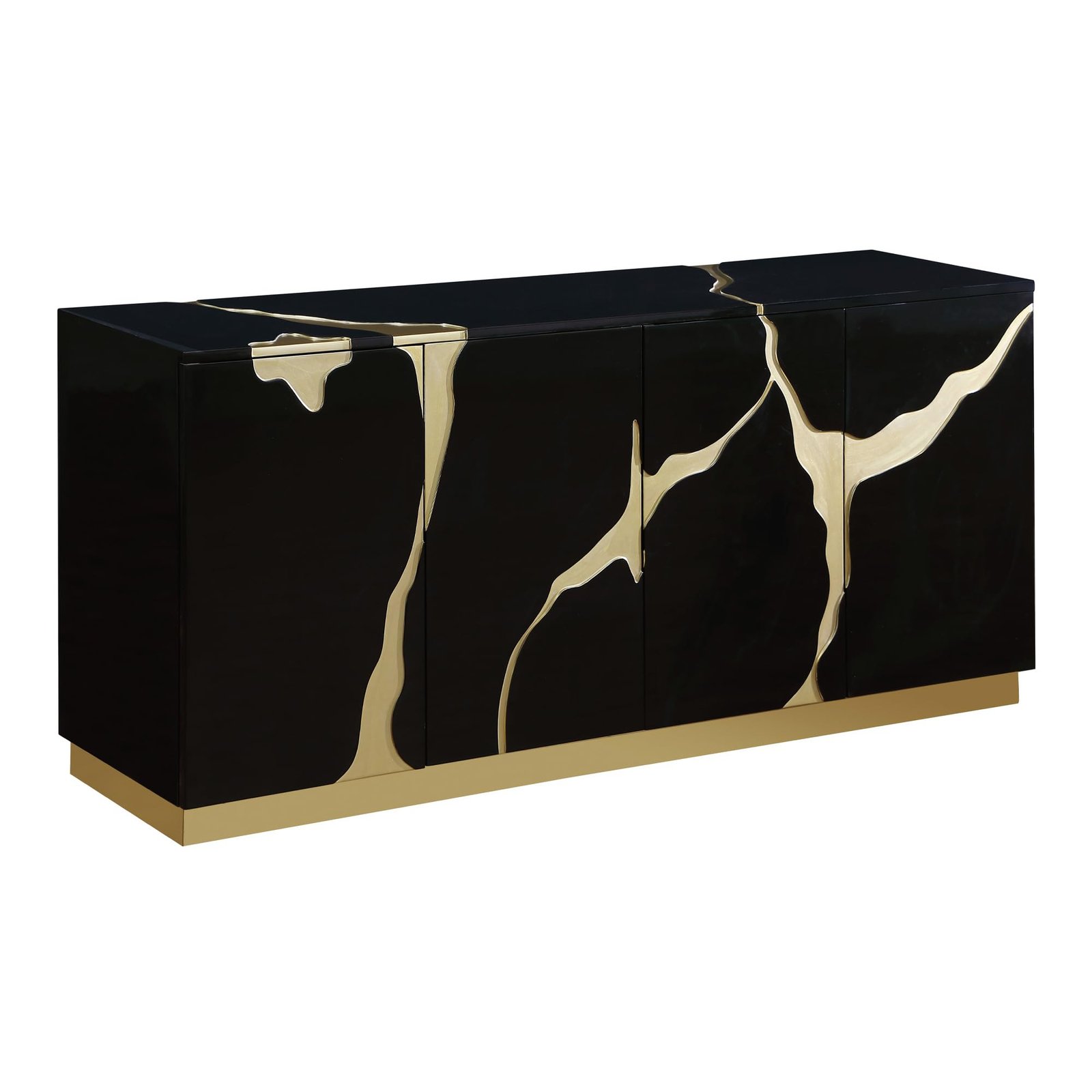Black cabinet with gold accents in a cracked, flowing design