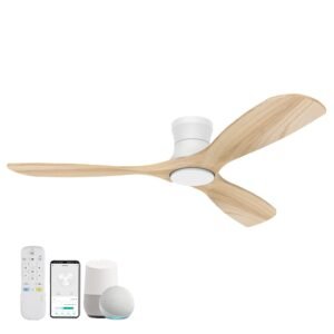 Ceiling fan with wood blades, remote, phone, and smart home devices