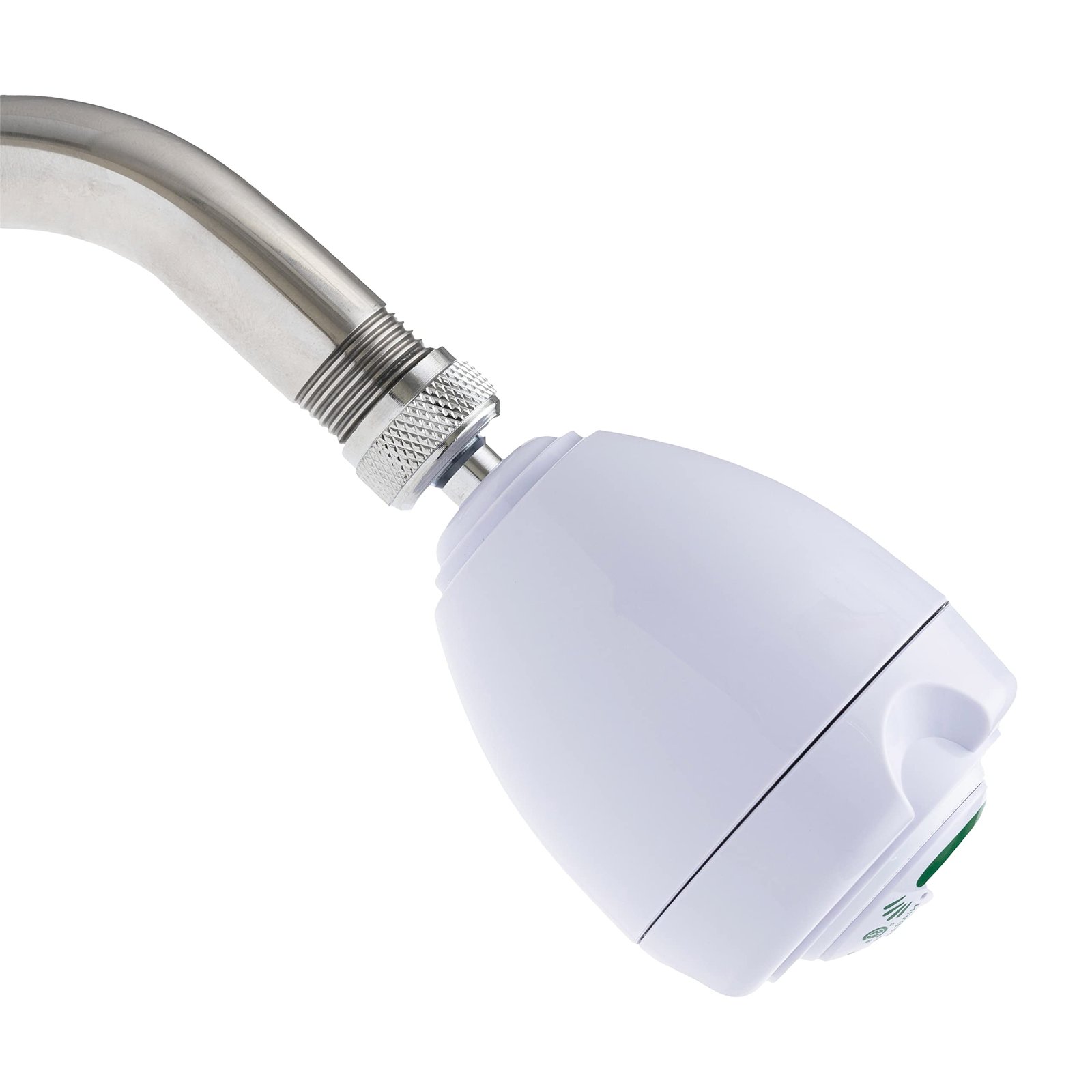 White shower head attached to a curved metal pipe, isolated on white