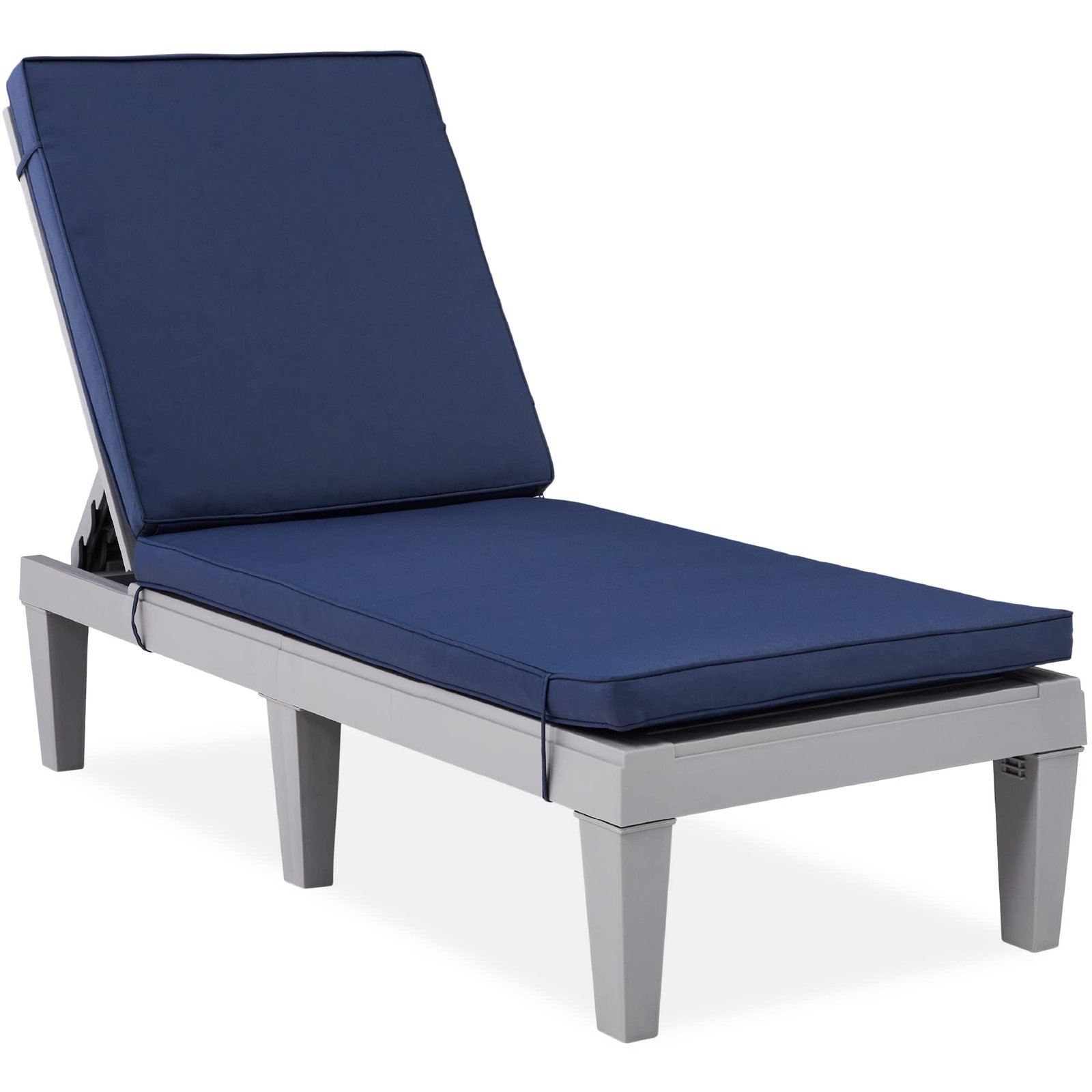 Gray and blue outdoor chaise lounge with adjustable back