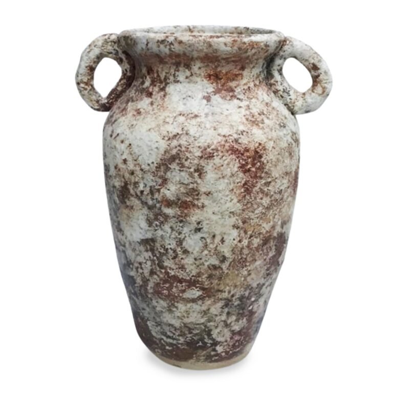 Rustic, textured ceramic vase with two loop handles, isolated on white background