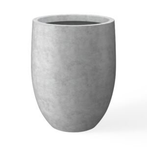Gray concrete planter with a wide opening, isolated on white background