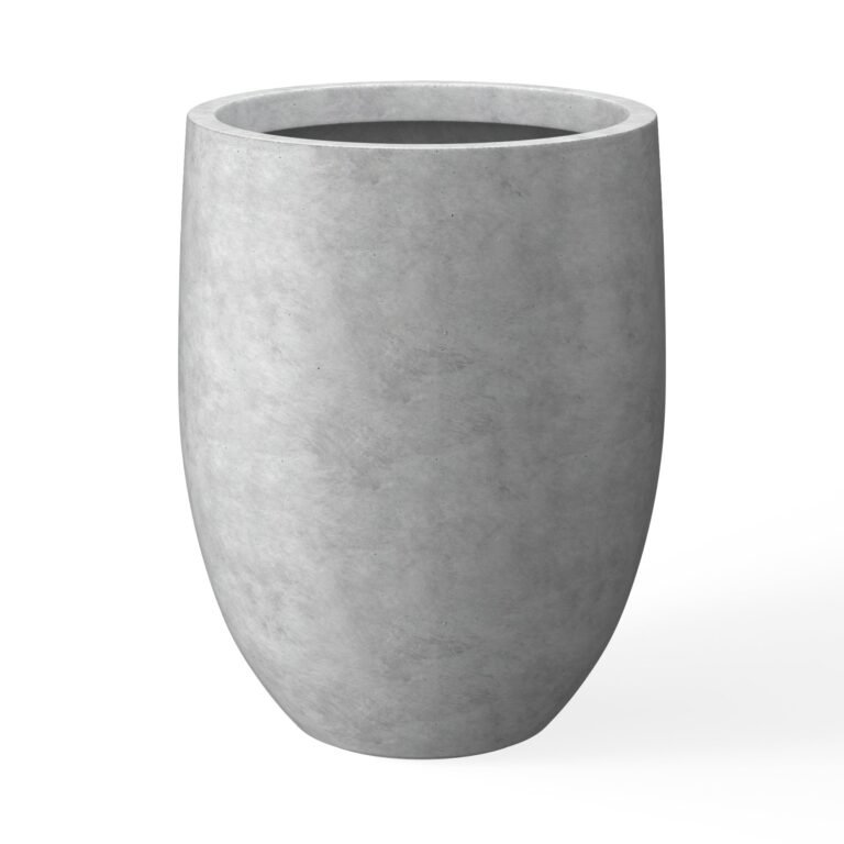 Gray concrete planter with a wide opening, isolated on white background