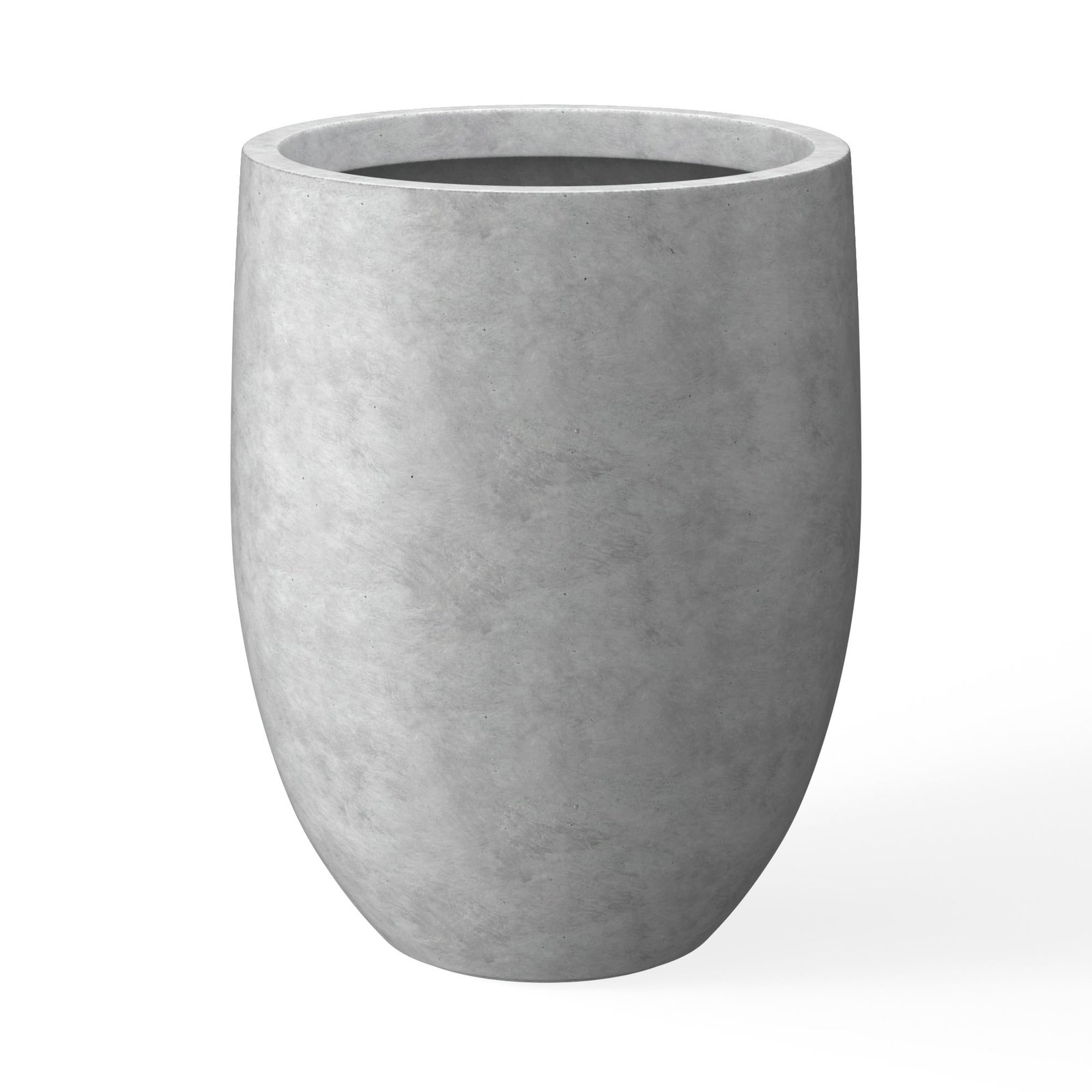 Gray concrete planter with a wide opening, isolated on white background