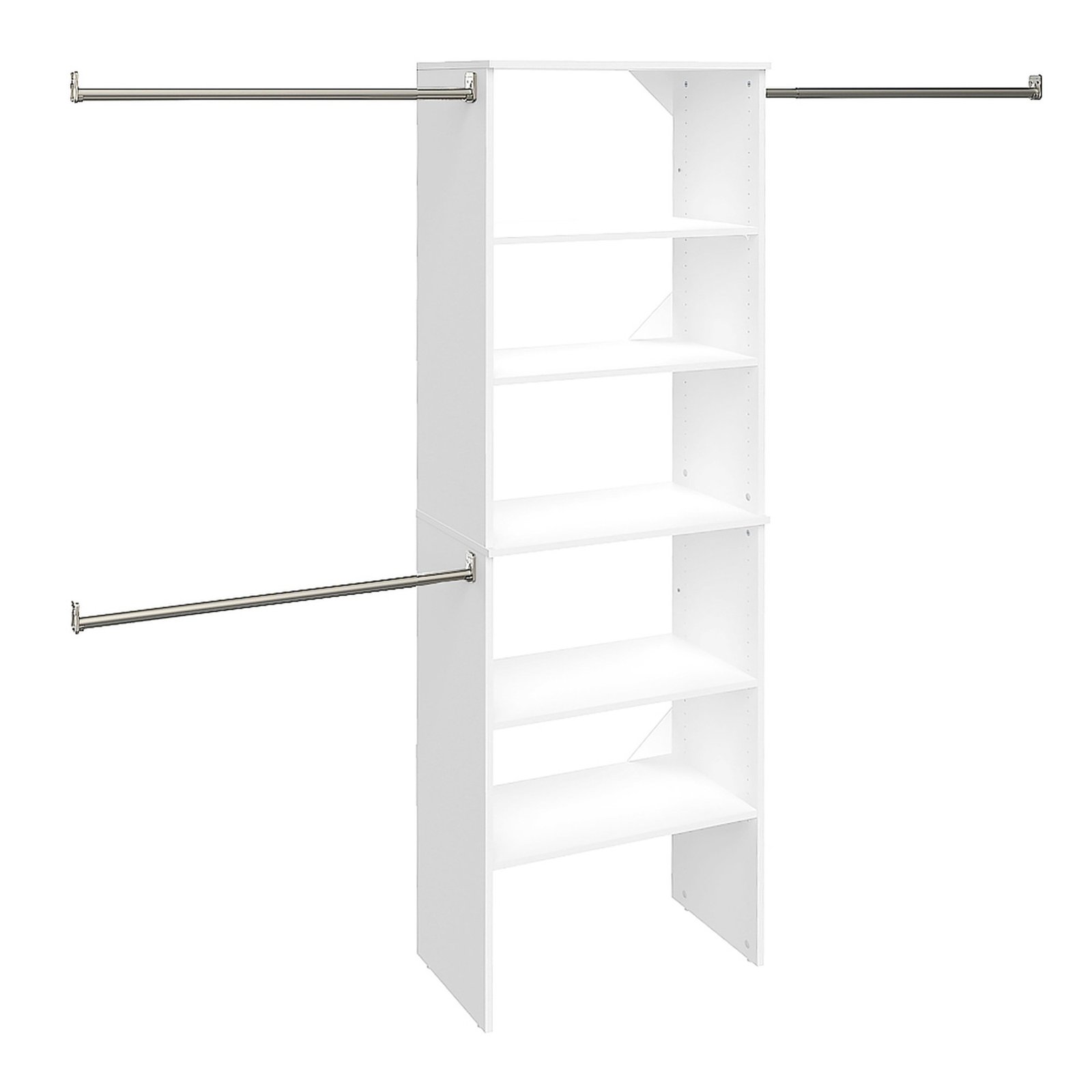White closet organizer with shelves and two hanging rods