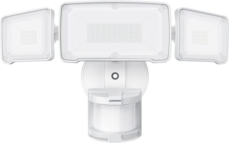 White LED security light with motion sensor, three adjustable light heads