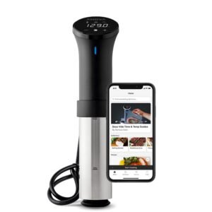 Anova sous vide immersion circulator with smartphone app showing cooking guide