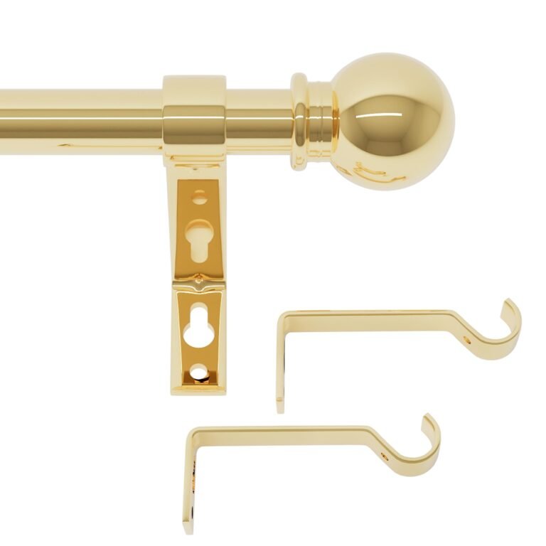 Gold curtain rod with ball finial, brackets, and hooks