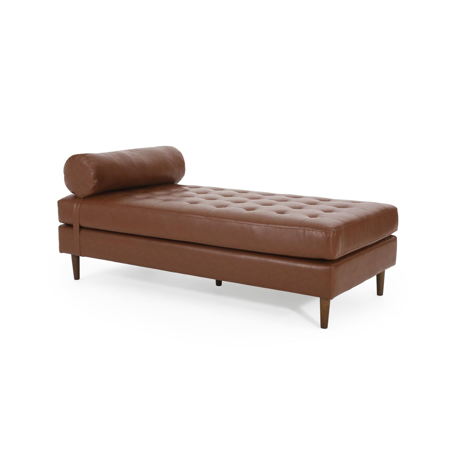 Brown leather chaise lounge with tufted seat and bolster pillow