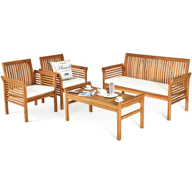 Wooden outdoor furniture set with cushions and coffee table