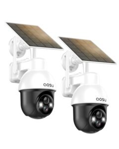Two solar-powered security cameras with black and white design, "aosu" logo