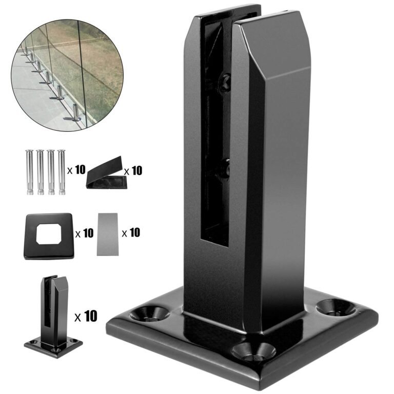 Black glass railing post with hardware and a glass railing example