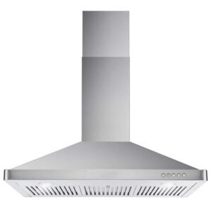 Stainless steel range hood with lights and control buttons
