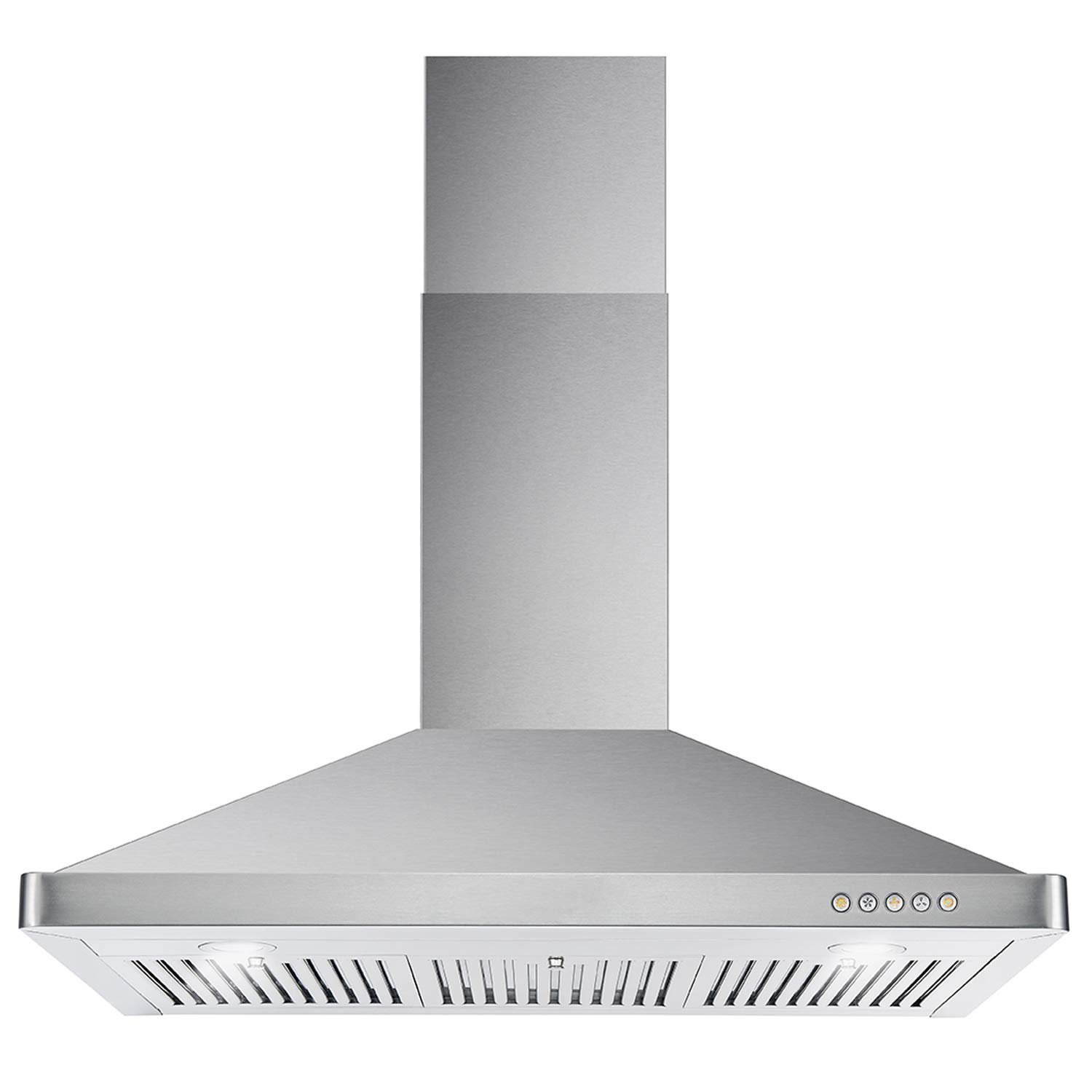 Stainless steel range hood with lights and control buttons