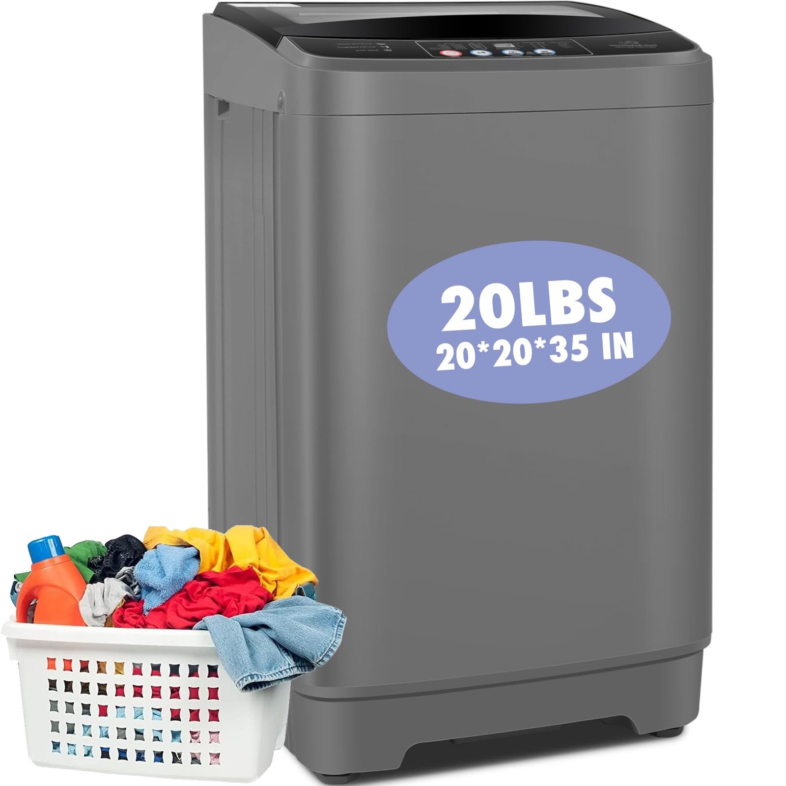 Gray portable washing machine with laundry basket full of clothes and detergent
