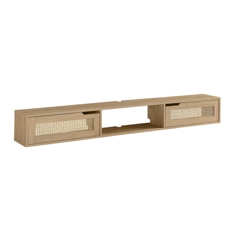 Wooden floating media console with woven cane door panels