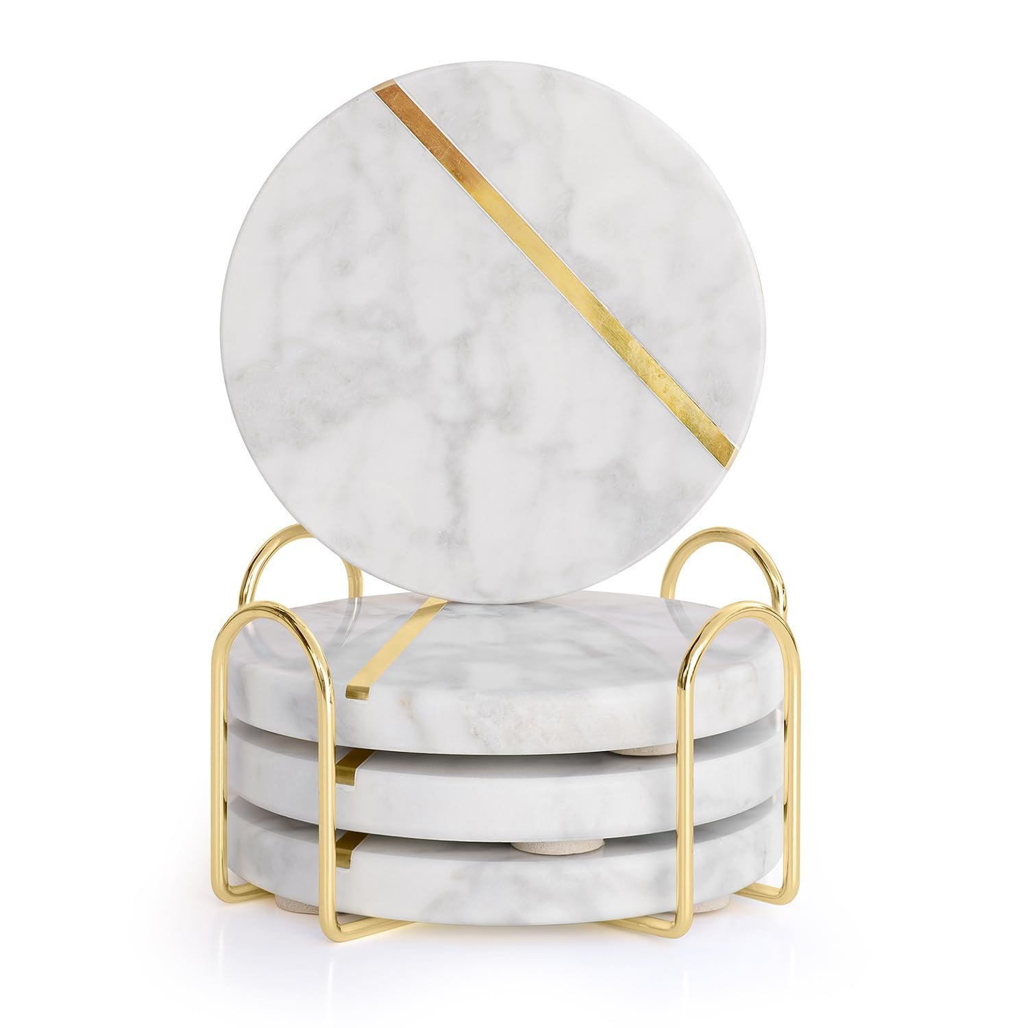 Marble coasters with gold accents in a gold metal holder