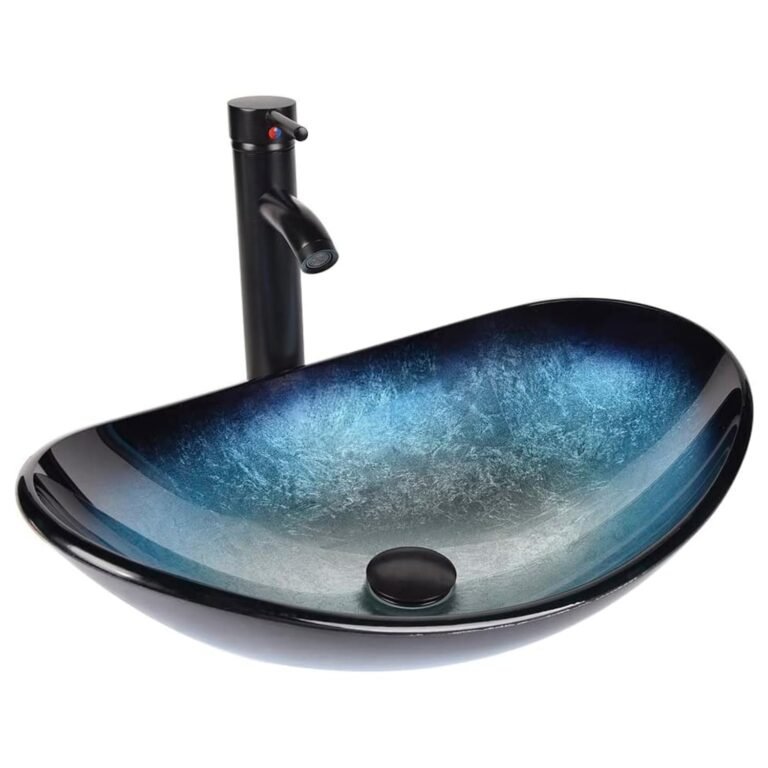 Blue and black glass vessel sink with a black faucet