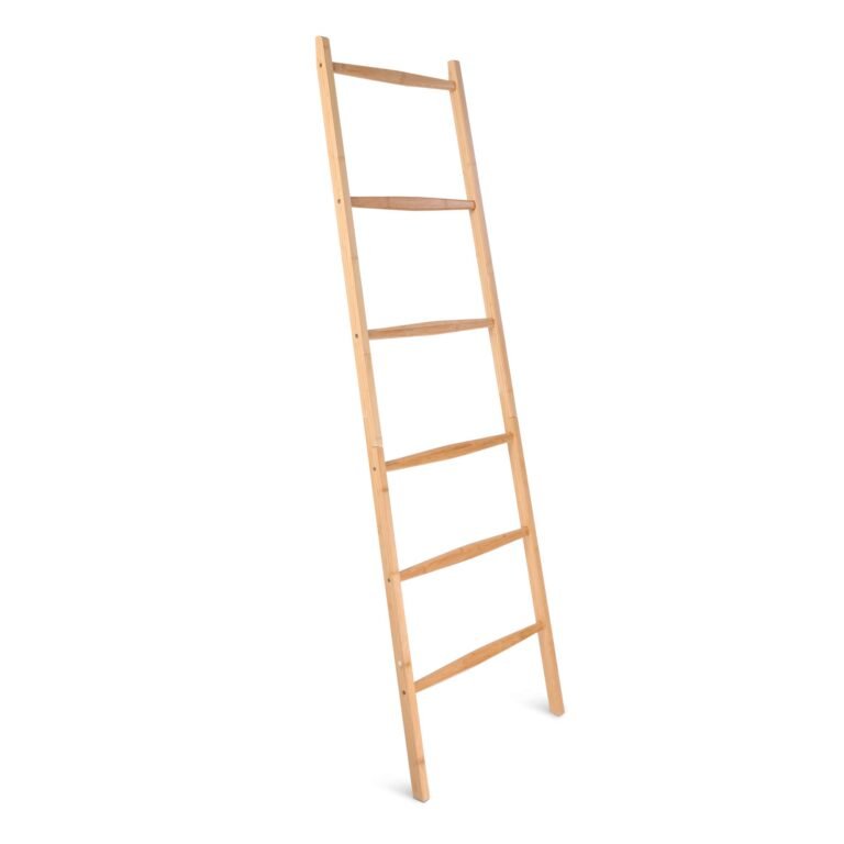 Wooden leaning ladder with five rungs against a white background