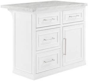 White kitchen island with marble countertop, drawers, and cabinet