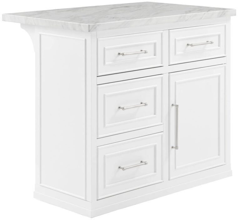 White kitchen island with marble countertop, drawers, and cabinet