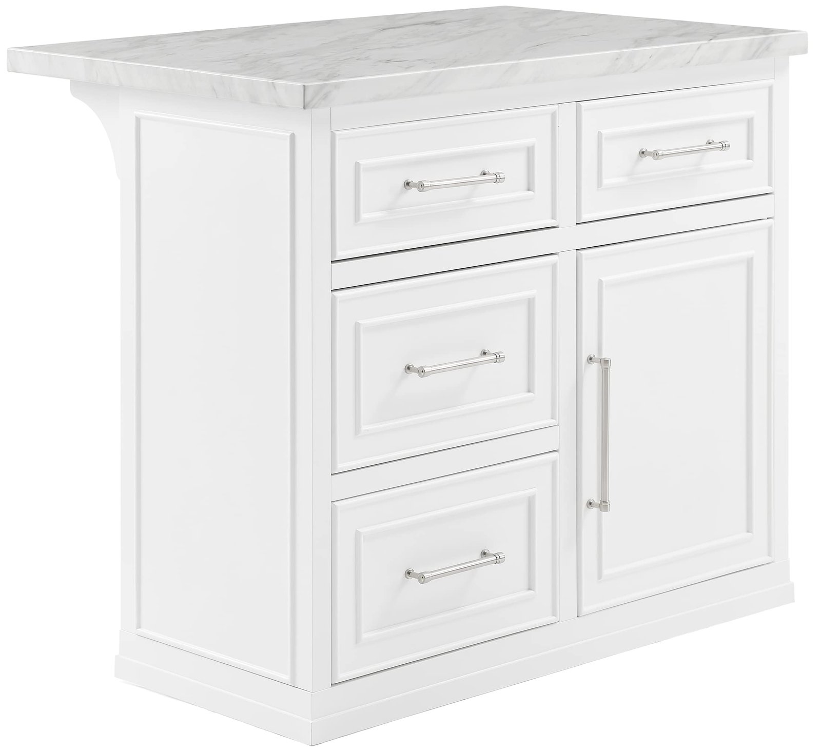 White kitchen island with marble countertop, drawers, and cabinet