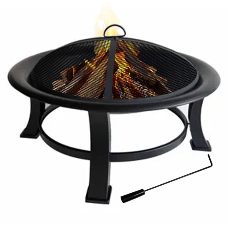 Black fire pit with burning wood and a mesh screen cover