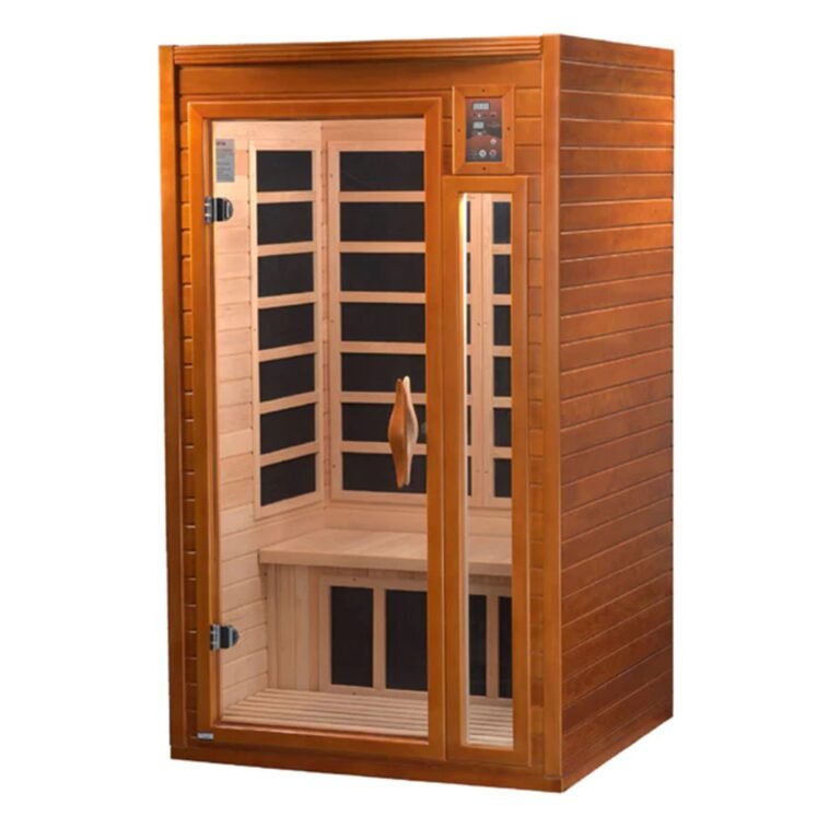 Wooden infrared sauna with glass door and control panel