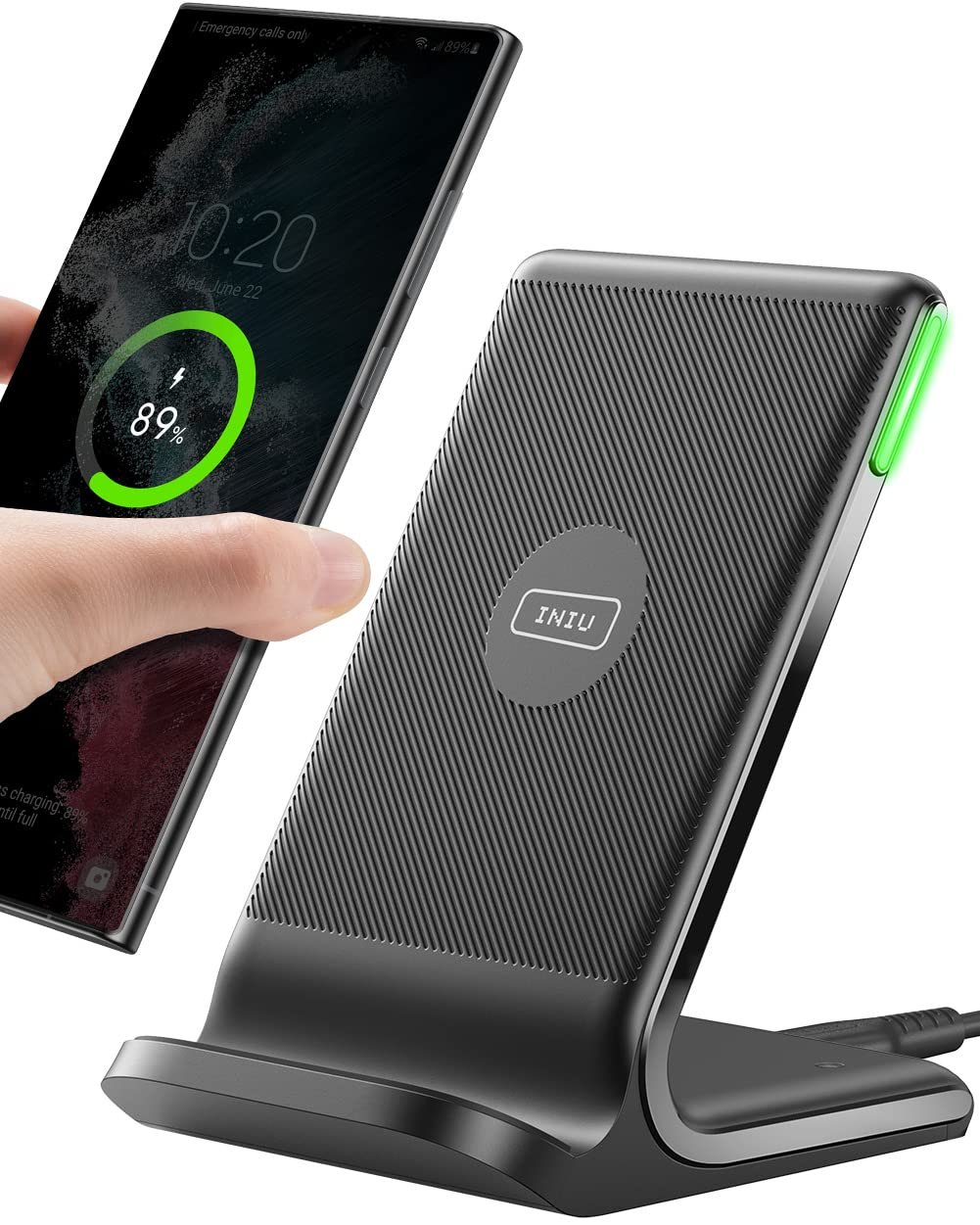 Smartphone charging on a black wireless charging stand, showing 89% battery