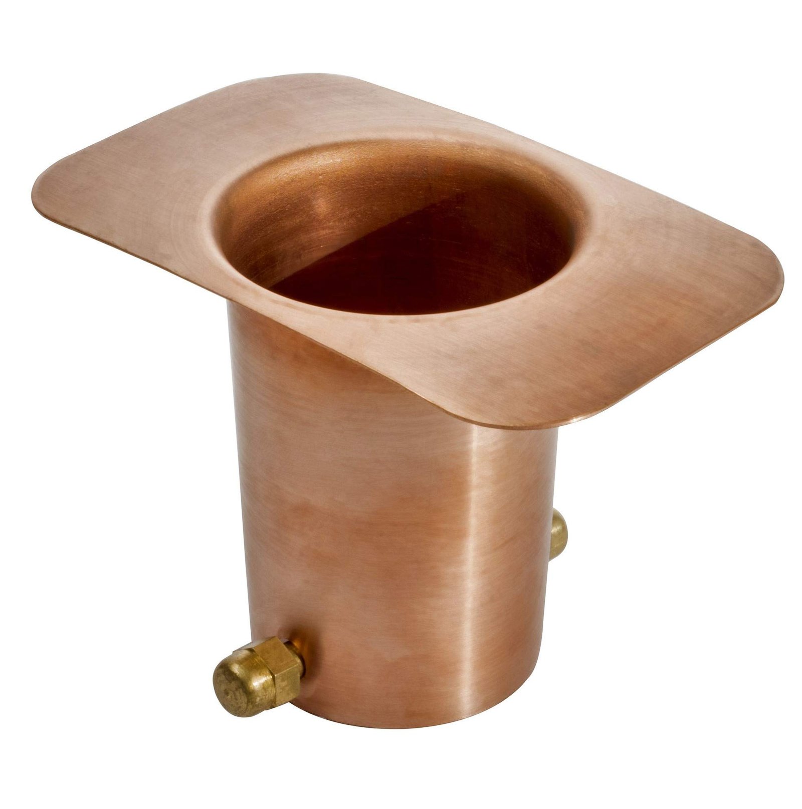 Copper-colored metal funnel with a wide brim and two brass fittings